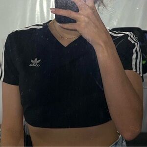 adidas Black Cropped V-Neck Tee with 3-Stripes